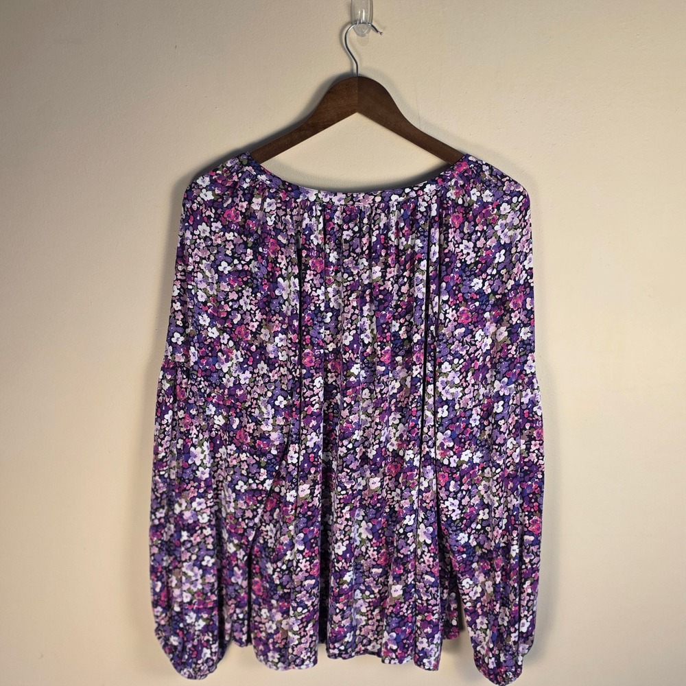 Crown & Ivy Peasant Top Women 2X Purple Floral Long Sleeve Tassel Boho Blouse - Picture 6 of 11